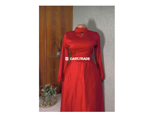 Red High-Neck Dress with Keyhole Detail