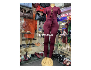 Stylish Burgundy Short-Sleeve Lace-Up Jumpsuit