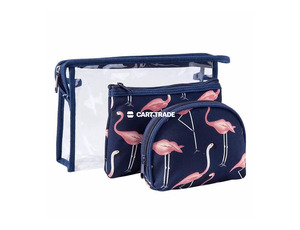 Dark blue 3-Piece Cosmetic Bag Set with the Flamingo