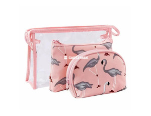 Pink 3-Piece Cosmetic Bag Set with the Flamingo