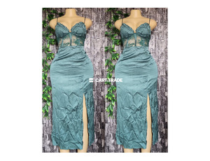 Teal Spaghetti-Strap Lace Dress with High Slit