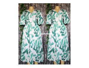 White Puff-Sleeve Dress with Green Leaf Pattern