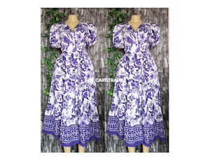 White Dress with Purple Floral Patterns and Puff Sleeves (Sizes L/XL)