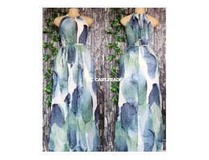 Abstract Blue Leaf-Patterned Halter Dress (Sizes S/M)