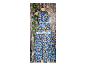 Sleeveless Blue Floral High-Neck Dress with Belt