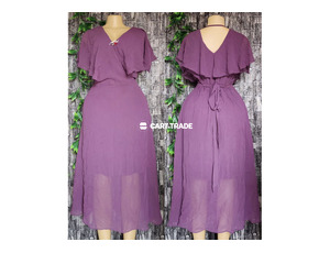 Purple Flutter-Sleeve Midi Dress with Tie Waist