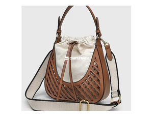 Beige & Brown Drawstring Handbag with Leather Lattice Detailing