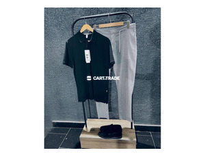 Black Polo Shirt & Grey Pinstriped Pants Outfit Collection