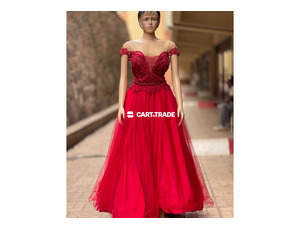 Elegant Red Gown with Intricate Beadwork and Lace Design