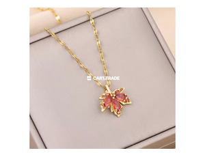 Gold Leaf Pendant Necklace – Vibrant Elegance with Orange Gemstones - 2