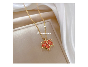 Gold Leaf Pendant Necklace – Vibrant Elegance with Orange Gemstones - 3